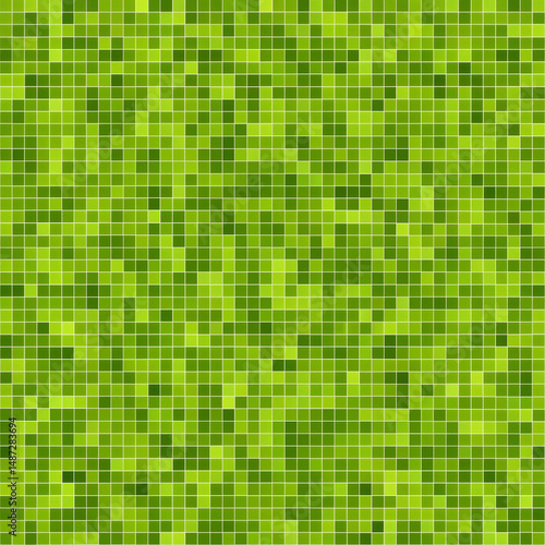 Abstract bright green square pixel tile mosaic wall background and texture.
