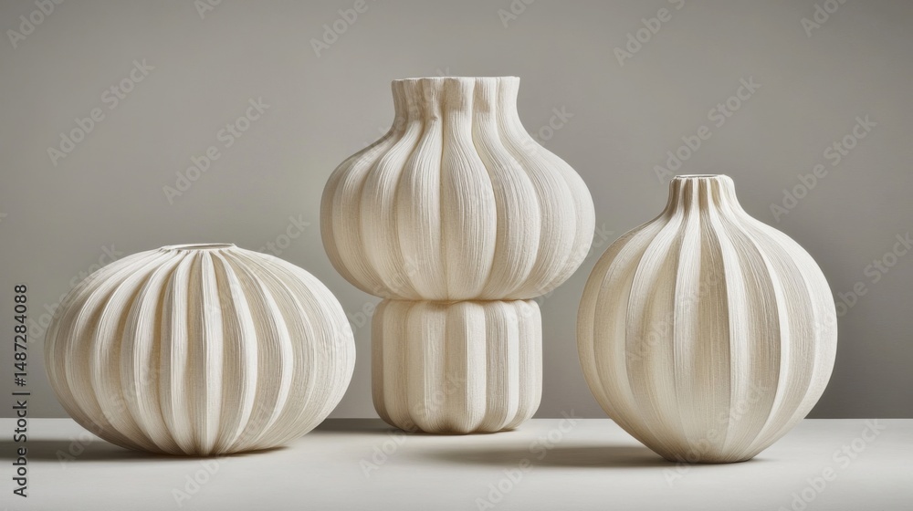 Obraz premium Three Textured Cream Ceramic Vases on Light Background