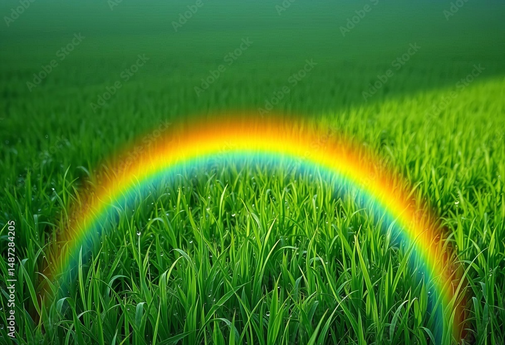 Naklejka premium Gentle spring rainbow arcing over a lush green field, glistening with raindrops; perfect for design inspiration, peaceful, tranquil