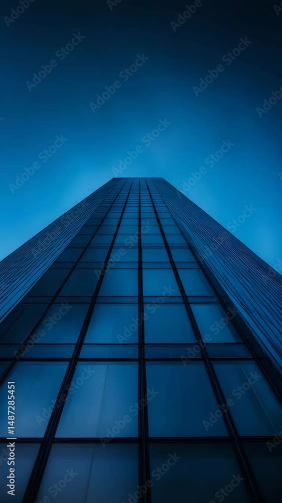 Soaring Ascent: An awe-inspiring perspective of a modern skyscraper, its glass facade reflecting the twilight sky. This architectural marvel exudes a sense of ambition and progress.