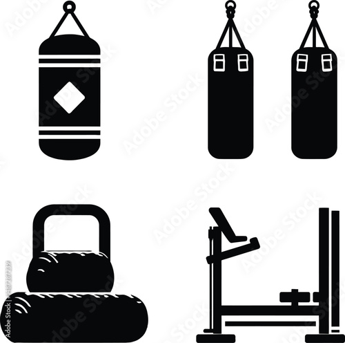 Gym Equipment Icons Featuring a Hanging Punching Bag, a Double Punching Bag Setup, a Stack of Gym Mats with a Handle, and a Leg Press Machine, Representing Fitness Training, Strength Building