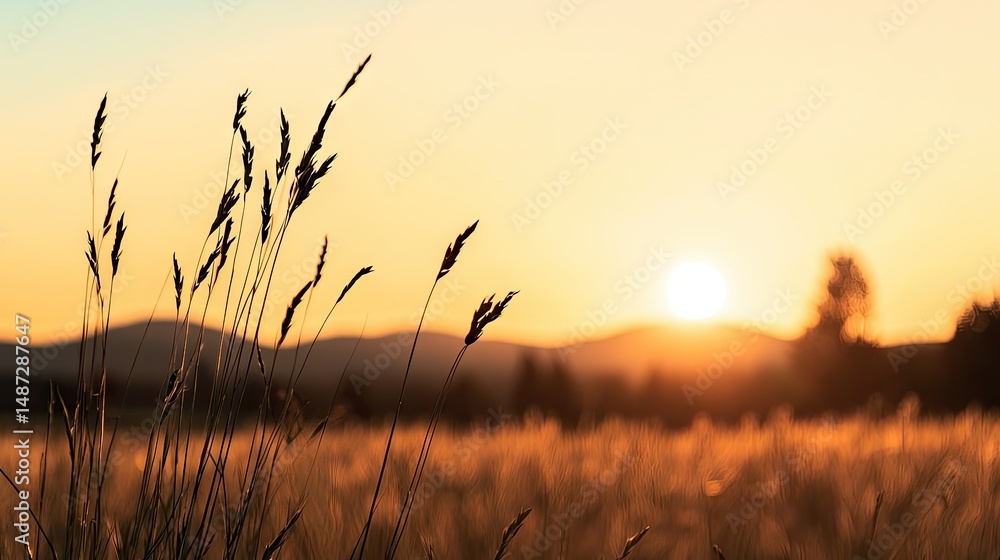 Obraz premium The setting sun illuminates tall grass in a serene field landscape