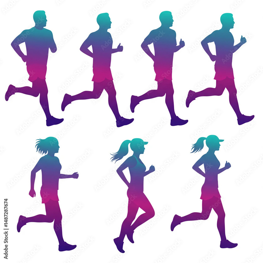 Marathon run. Group of running people, men and women. Colored isolated silhouettes. Marathon run. Group of running people, men and women. Colored isolated silhouettes.