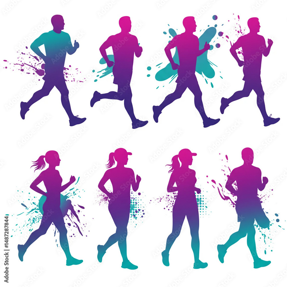 Marathon run. Group of running people, men and women. Colored isolated silhouettes. Marathon run. Group of running people, men and women. Colored isolated silhouettes.