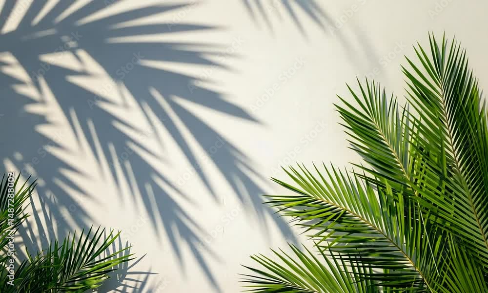 Lush green palm leaves casting intricate shadows on a textured white wall in bright sunlight (1) Lush green palm leaves casting intricate shadows on a textured white wall in bright sunlight (1)