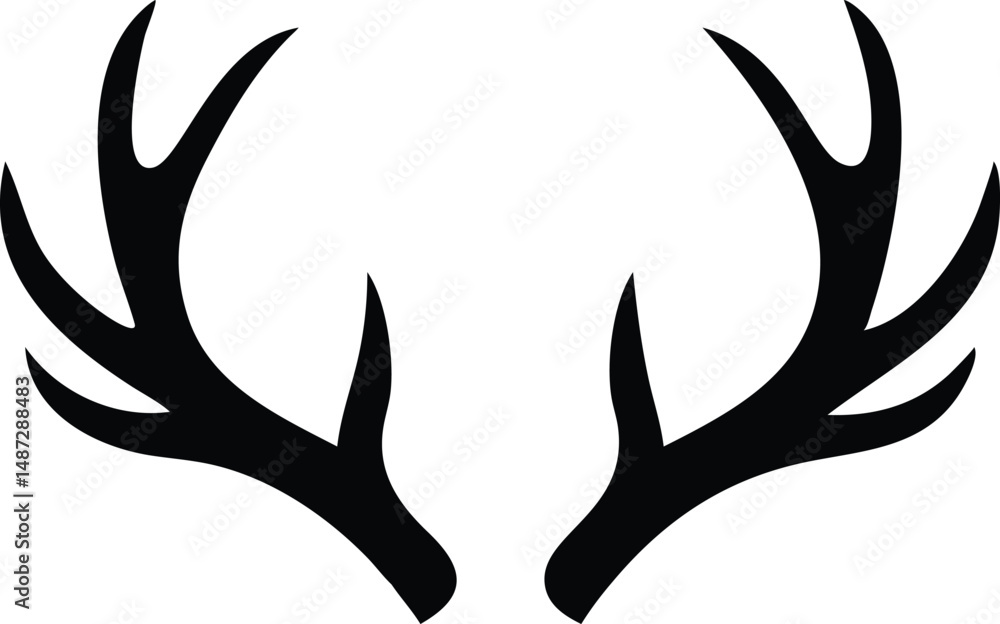 Isolated black silhouette showcases majestic symmetrical deer antlers gracefully curving on a white backdrop Isolated black silhouette showcases majestic symmetrical deer antlers gracefully curving on a white backdrop