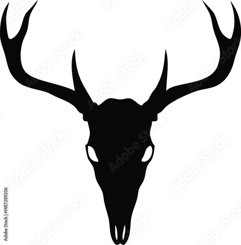 Isolated silhouette shows a deer skull featuring elegant antlers on a white backdrop