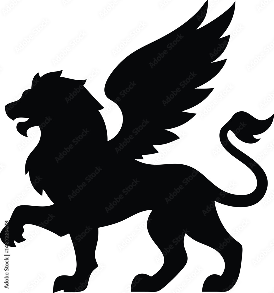 Fototapeta premium Majestic black griffin strides powerfully; its feathered wings are displayed on a white backdrop