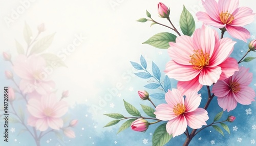 Delicate watercolor-style floral design, soft pastel hues , leaf, pretty