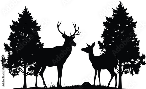 Majestic buck and doe silhouette gaze among trees in a serene nature scene