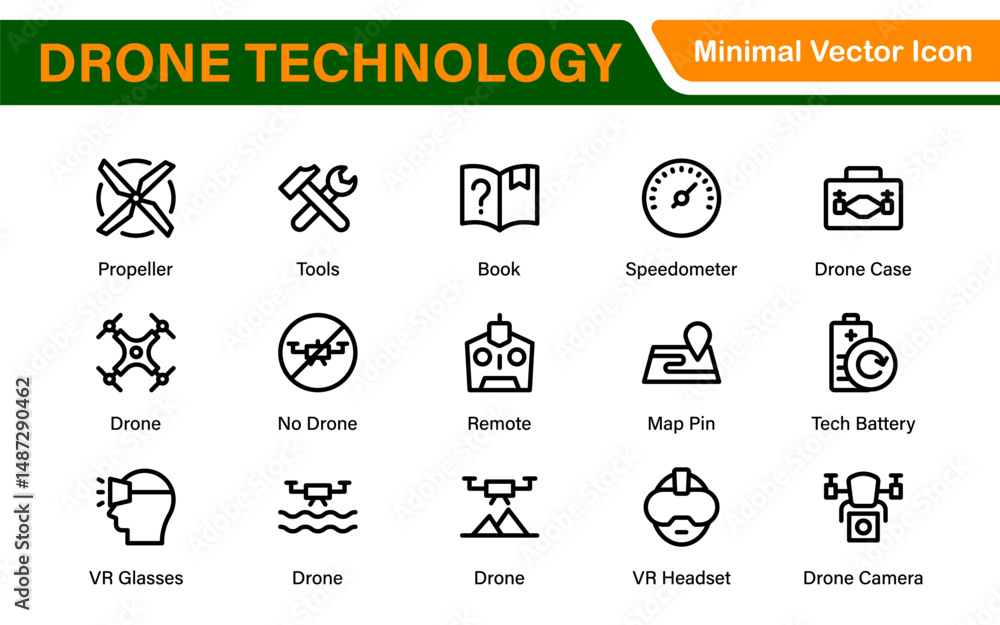 Fototapeta premium Modern Drone Technology Icons – Clean Outline, Line Art, and Vector Illustrations for Drones, UAVs, Aerial Robotics, and Digital Platforms