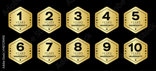 1, 2, 3, 5, 10 year warranty logo set golden color in hexagon shape isolated on black background. Guarantee seals vector icons set.