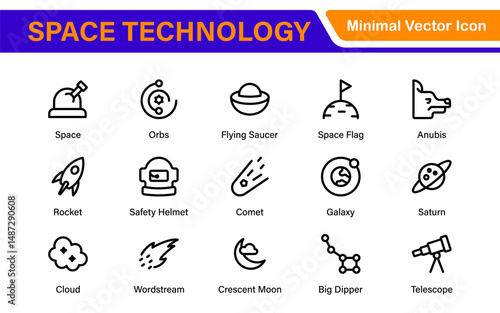 Modern Space Exploration Technology Icons – Outline, Line Art, Vector Illustrations for Rocket Science, Satellites, Astronauts, and Future Missions