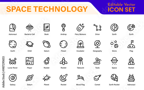 Modern Space Exploration Technology Icons – Outline, Line Art, Vector Illustrations for Rocket Science, Satellites, Astronauts, and Future Missions