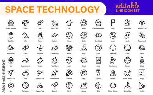Modern Space Exploration Technology Icons – Outline, Line Art, Vector Illustrations for Rocket Science, Satellites, Astronauts, and Future Missions
