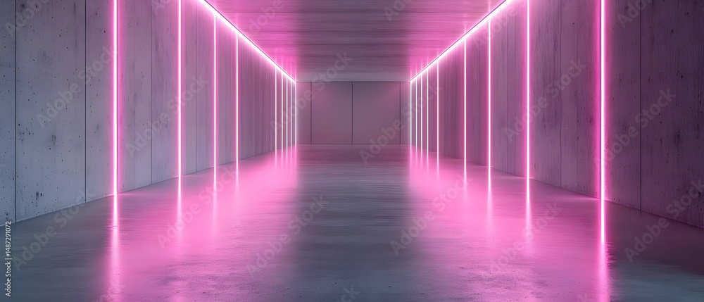 Pink Neon Light Tunnel In Concrete Corridor Pink Neon Light Tunnel In Concrete Corridor