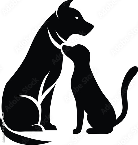 Minimalist silhouette shows large dog lovingly nuzzled by smaller cat on white