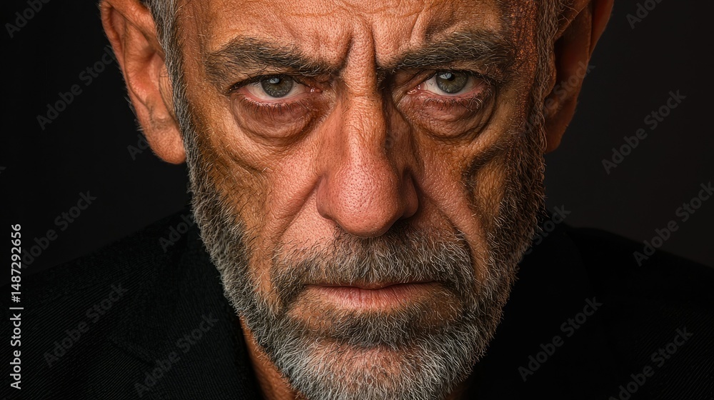 A serious portrait of an older man staring intensely forward A serious portrait of an older man staring intensely forward
