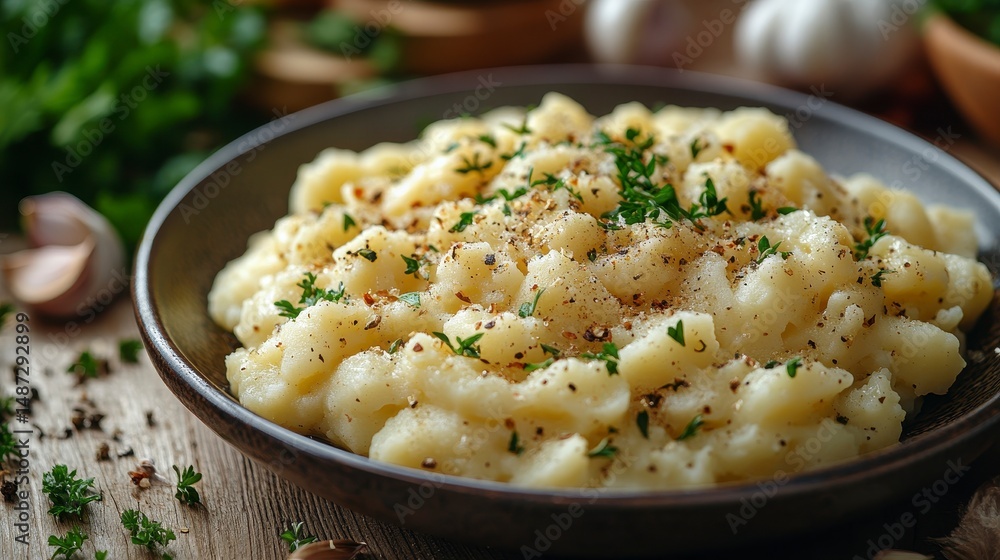 Creamy mashed potatoes with parsley and pepper in a dark bowl on a wooden table Creamy mashed potatoes with parsley and pepper in a dark bowl on a wooden table