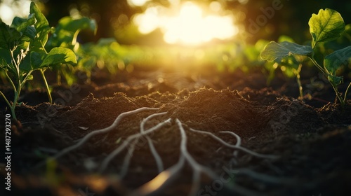 Golden Hour Growth: Young Plants Emerging from Rich Soil