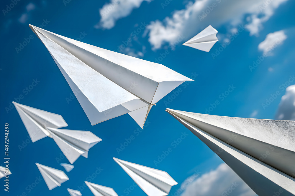Multiple white paper airplanes soaring through bright blue sky, freedom and aspiration concept, creativity and imagination in flight, upward movement and success symbolism Multiple white paper airplanes soaring through bright blue sky, freedom and aspiration concept, creativity and imagination in flight, upward movement and success symbolism