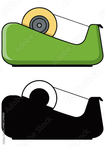 Vector illustration of a tape dispenser with a roll of tape, accompanied by a solid black silhouette version, ideal for office, school, or stationery-related designs.