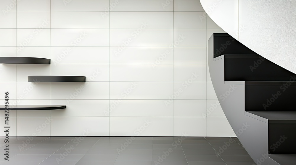 Interior design with modern stairs and minimalist floating shelves Interior design with modern stairs and minimalist floating shelves