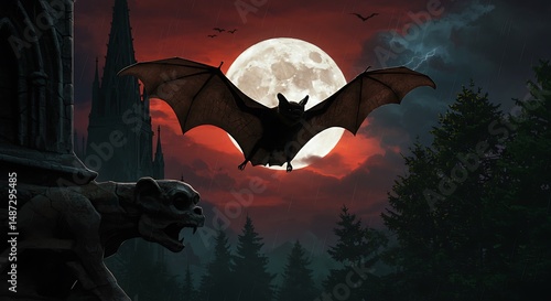 Obraz na płótnie Bat flying at sunset gothic architecture