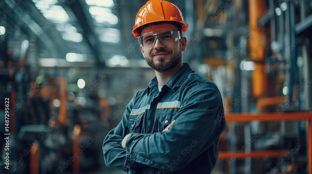 Close-up of an industrial maintenance engineer wearing a safety hat and uniform at a factory site, representing construction and engineering Close-up of an industrial maintenance engineer wearing a safety hat and uniform at a factory site, representing construction and engineering