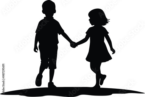 Silhouette depicts an African child holding hands with his Caucasian little sister and walking