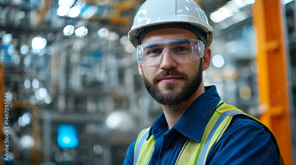 Portrait of a maintenance engineer in uniform and safety helmet at a factory station, symbolizing industry and engineering expertise Portrait of a maintenance engineer in uniform and safety helmet at a factory station, symbolizing industry and engineering expertise