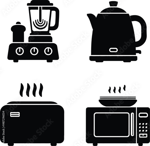 Essential Kitchen Appliance Set Featuring Four Iconic Cooking Devices: Blender, Electric Kettle, Toaster, and Microwave, Representing Practicality, Convenience, and Everyday Culinary Functionality