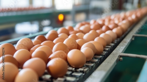 Eggs on Conveyor Belt in a Factory