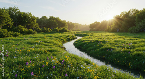 Fototapeta Naklejka Na Ścianę i Meble -  Serene meadow scene featuring flowing creek lush greenery and bright sun rays