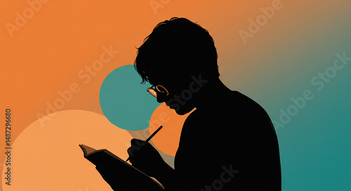 Silhouette of a person with glasses writing in a book with abstract background