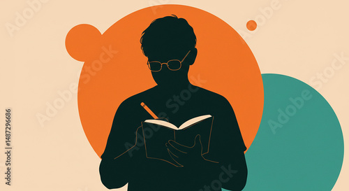 Silhouette of a person writing in a notebook against abstract colorful shapes background