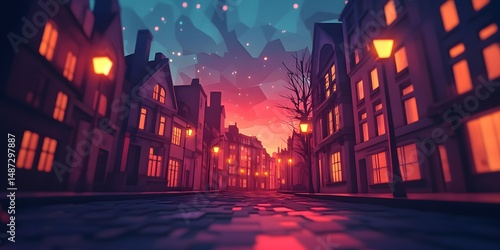 A stylized, illuminated street scene at dusk.