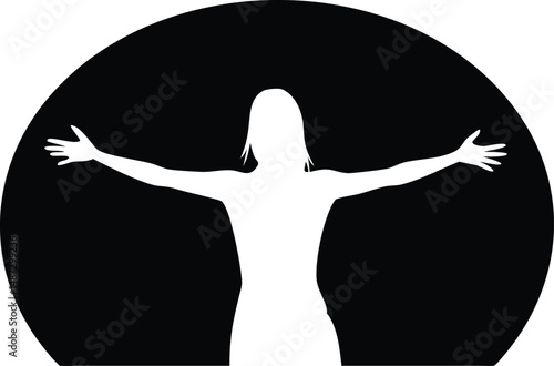 Silhouette of a woman with outstretched arms is shown against a black circle