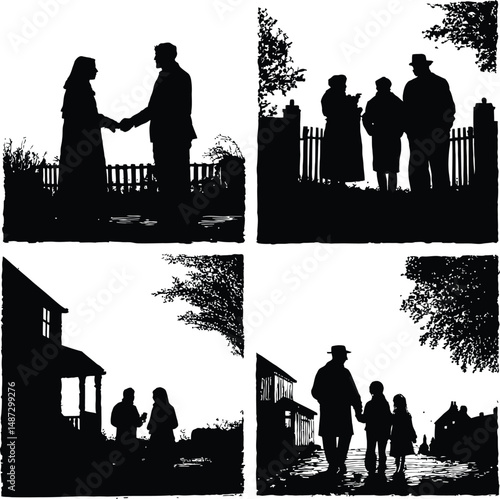 Black and White Vector Illustration Featuring Four Silhouette Scenes Depicting Everyday Social Interactions: A Handshake Between Two Individuals, A Group Engaged in Conversation by a Fence, Two People