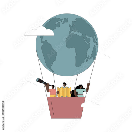 Hot air balloon travel. People fly in a balloon in the form of the planet Earth. Search for interesting places for tourism.eps