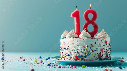 Coming of age party - 18th birthday. Delicious cake with number shaped candles on light blue background, Birthday Cake With Candle Number 