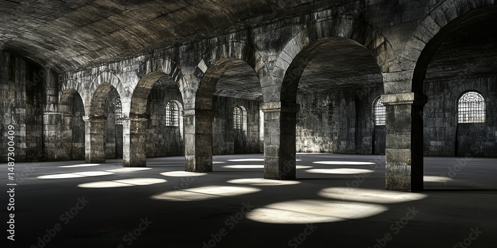 Fototapeta premium Ancient Stone Hallway Architecture Dark Grey Interior Design old room light space empty grand walls