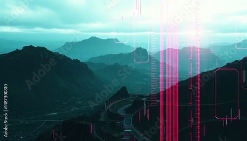 Futuristic mountain landscape with data overlay and magenta digital elements.