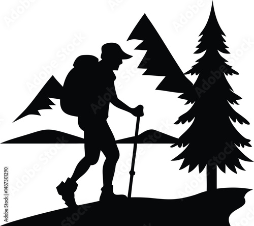 Silhouette shows a hiker with a backpack and a stick amid mountain and pine trees