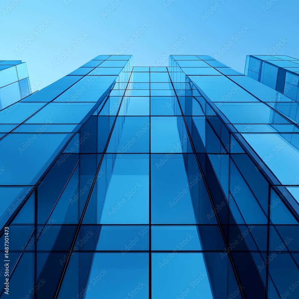 Obraz premium Azure Ascent: A Modern Skyscraper's Glimmering Glass Facade Reaching Towards the Sky, Showcasing Contemporary Architectural Design and Urban Development