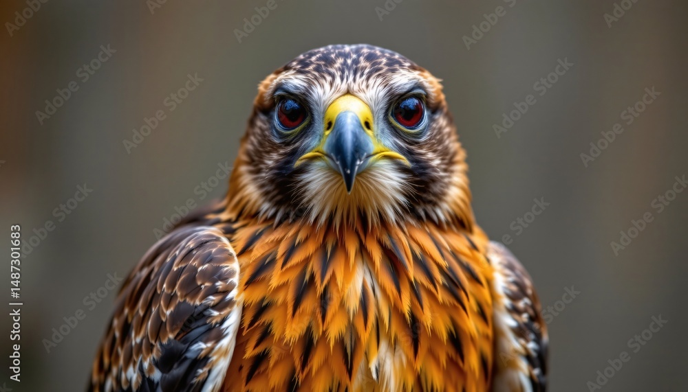 Obraz premium a close up of a colorful single hawk, detailed feathers, facing the camera, full body visible