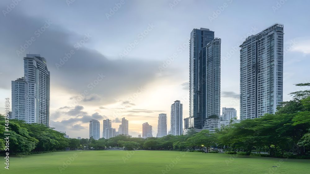A large green lawn stretches out before a modern city skyline with tall skyscrapers under a clear blue sky, blending urban architecture with natural open space in a harmonious cityscape.
A large green lawn stretches out before a modern city skyline with tall skyscrapers under a clear blue sky, blending urban architecture with natural open space in a harmonious cityscape.