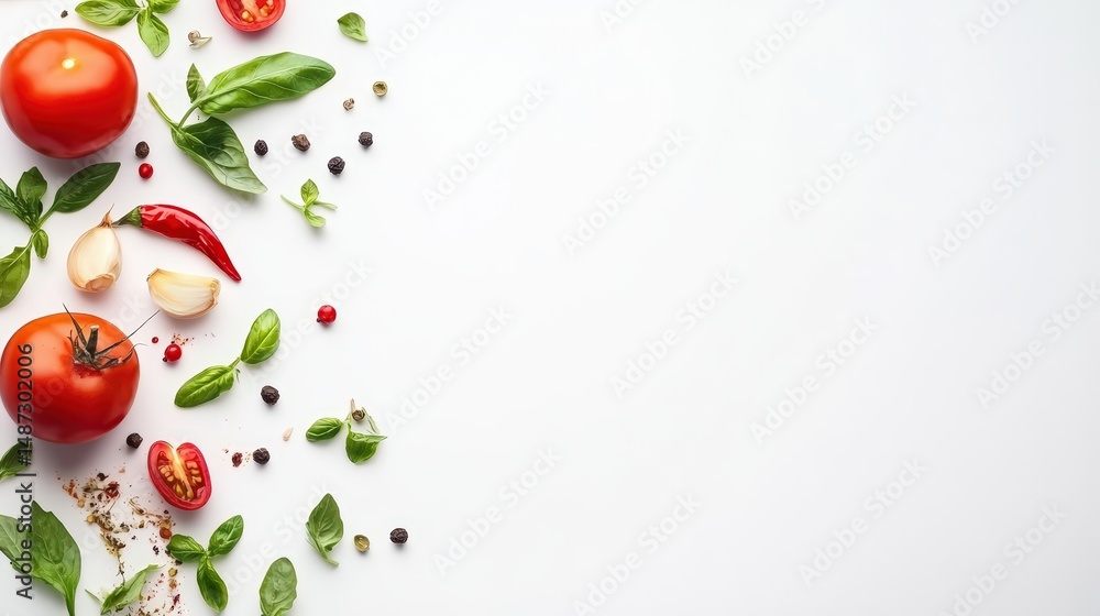 Fresh culinary herbs and vegetables arranged on white background concept design Fresh culinary herbs and vegetables arranged on white background concept design