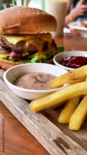 big juicy burger and fries with sauces on a wooden tray in a cafe