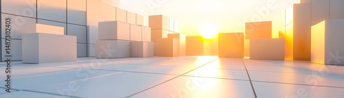 Abstract cityscape of cubic forms illuminated by sunrise.